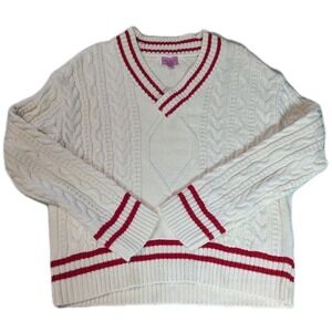 mi ami for francesca's V-Neck Cable Knit Sweater Red & Cream Varsity XS